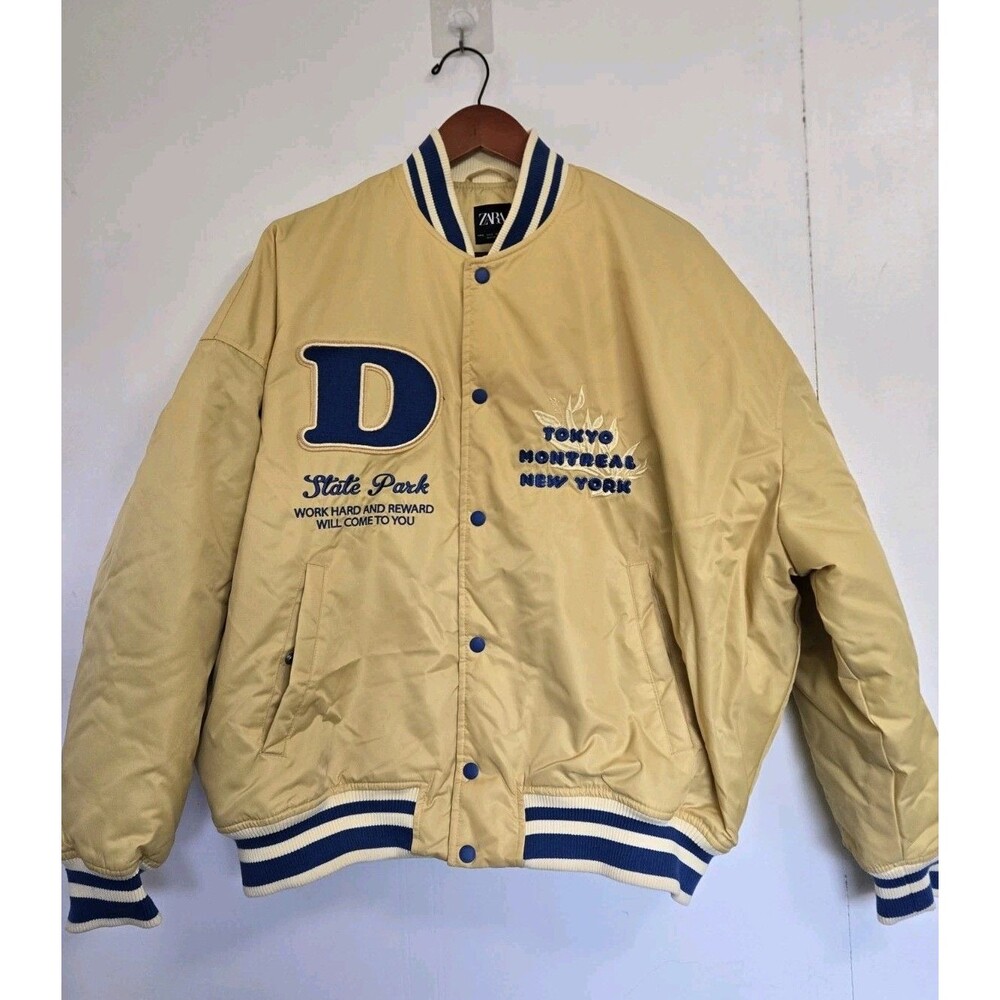 ZARA Jacket Mens S Varsity Snap Front Graphic Patch Logo D State Park Yellow